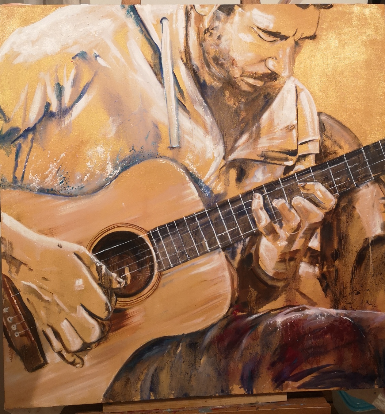 Le guitariste, 90/90 cm, peinture à l'huile
